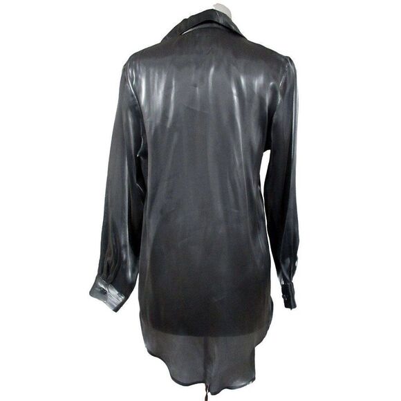 Chico's Private Edition Silver Grqy Semi Sheer Top Blouse Sz M Covered Buttons - Picture 4 of 5